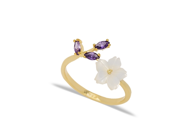 FLOWERS ring blomst lilla forgylt sølv med zirkonia 40+5cm 8mm