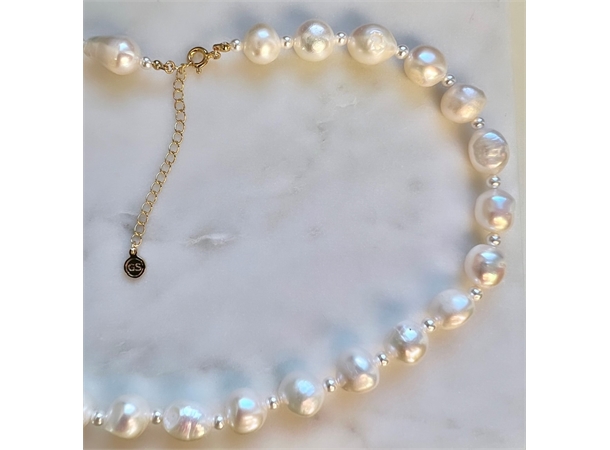Perlekjede i forgylt sølv Ekte perler 42+5 cm